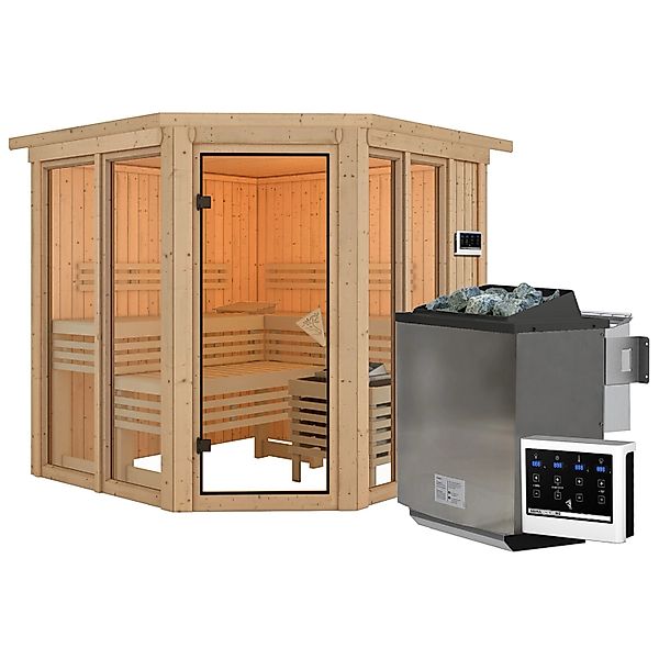 Karibu Sauna Airini mit Kranz und Ofen 9 kW Bio Extern Naturbelassen günstig online kaufen