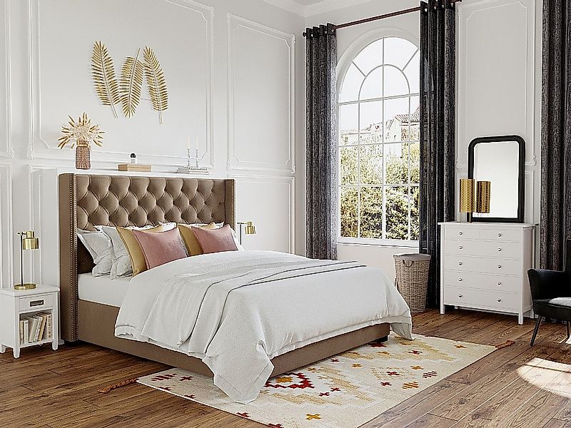 Polsterbett mit gestepptem Kopfteil - 180 x 200 cm - Stoff - Beige - MASSIM günstig online kaufen