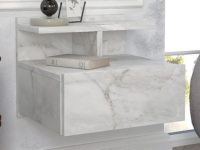 2er-Set Nachttische hängend - 1 Schublade - Marmor-Optik weiß - AZELNO günstig online kaufen