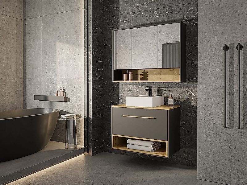 Waschbeckenunterschrank hängend mit Einzelwaschbecken & Spiegelschrank - 80 günstig online kaufen