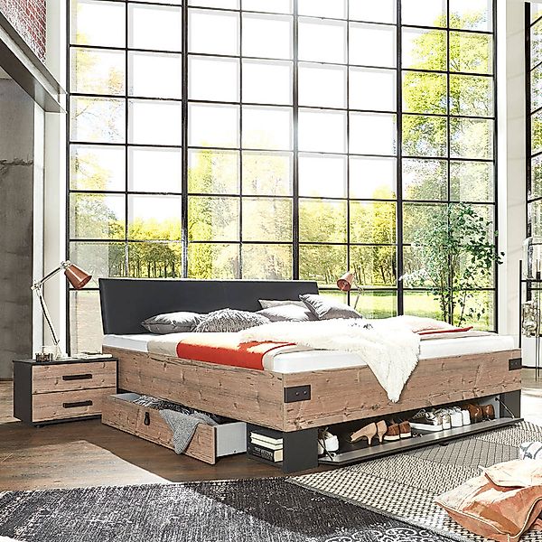 Schlafzimmer Set mit 180x200cm Bettgestell graphit mit Fichte SUNDERLAND-43 günstig online kaufen