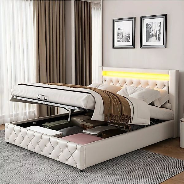 Ulife Polsterbett Doppelbett mit Bettkasten & LED-Beleuchtung, 140 x 200 cm günstig online kaufen