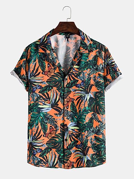 Herren Urlaub Schmetterling Blatt gedruckt Revers Kragen Kurzarm Shirt günstig online kaufen