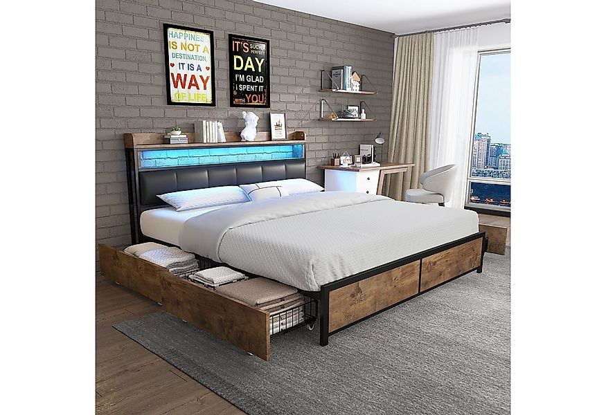 Flieks Holzbett, LED Beleuchtung Doppelbett 4 Schubladen Polsterkopfteil 14 günstig online kaufen