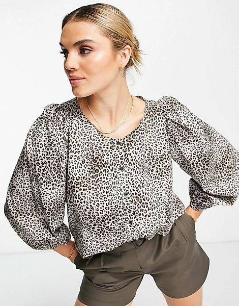 Mango – Bluse mit Ballonärmeln und Leopardenmuster-Braun günstig online kaufen