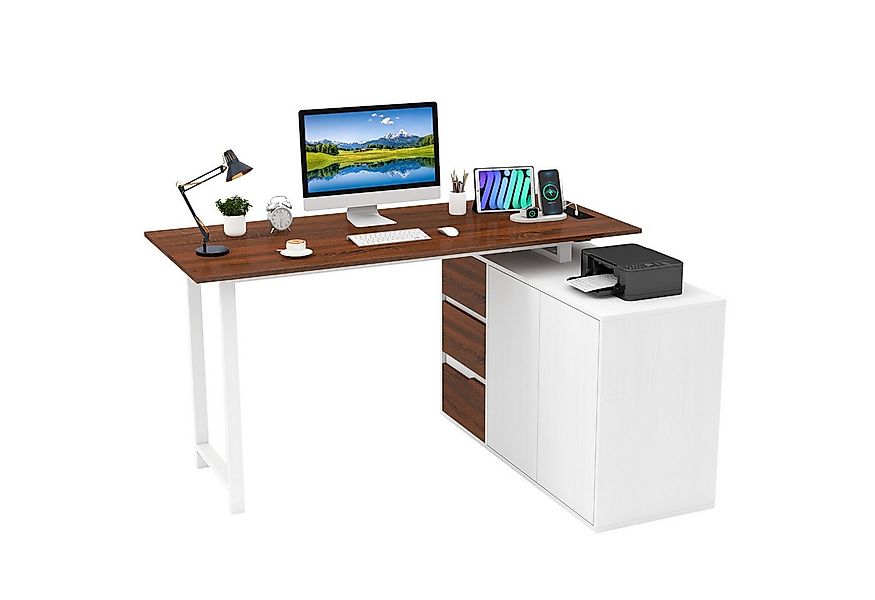 COSTWAY Eckschreibtisch, Umkehrbar mit Schubladen & Stauraum, Holz, weiß günstig online kaufen