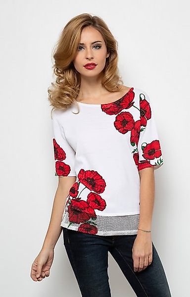 Passioni Strickpullover Kurzarm-Pullover mit Mohnblumen-Print günstig online kaufen