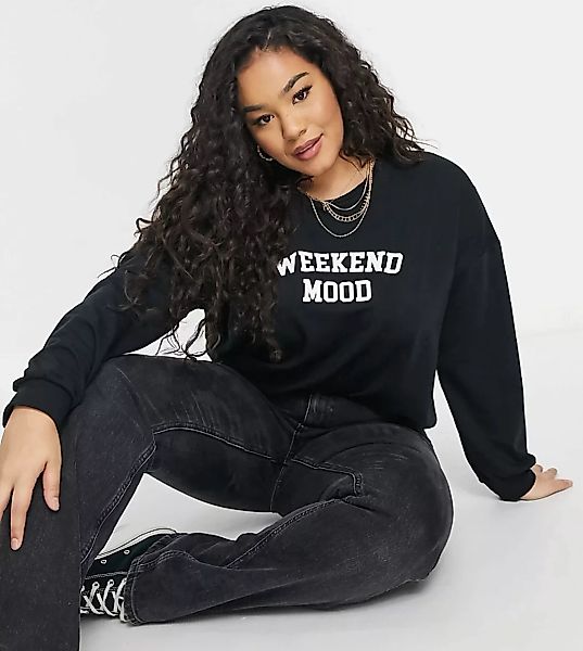 Yours – Sweatshirt mit „Weekend-Mood“-Slogan in Schwarz-Grau günstig online kaufen
