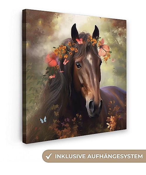 OneMillionCanvasses® Leinwandbild Pferd - Tiere - Blumen - Wald - Schmetter günstig online kaufen