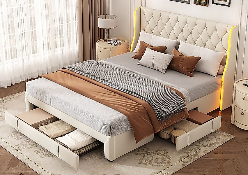 FUROKOY Polsterbett Doppelbett Stauraumbett mit 3 Schubladen Beige (Mit Kop günstig online kaufen