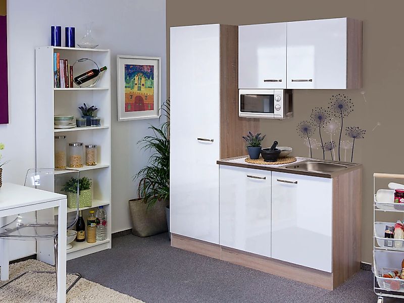 Flex-Well Singleküche 150 cm Valero Hochglanz Weiß-Sonoma Eiche günstig online kaufen