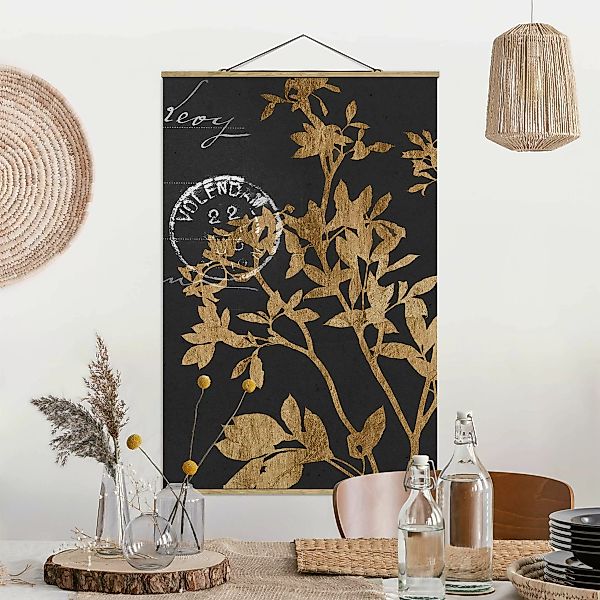 Stoffbild Blumen mit Posterleisten - Hochformat Goldene Blätter auf Mokka I günstig online kaufen