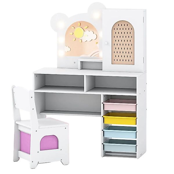 Costway Bärform Kinder Schminktisch mit Led & 5 Schubladen Weiß günstig online kaufen