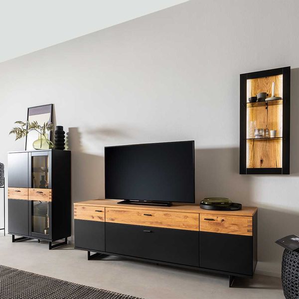 Fernseher Schrankwand in Wildeichefarben Schwarzgrau (dreiteilig) günstig online kaufen