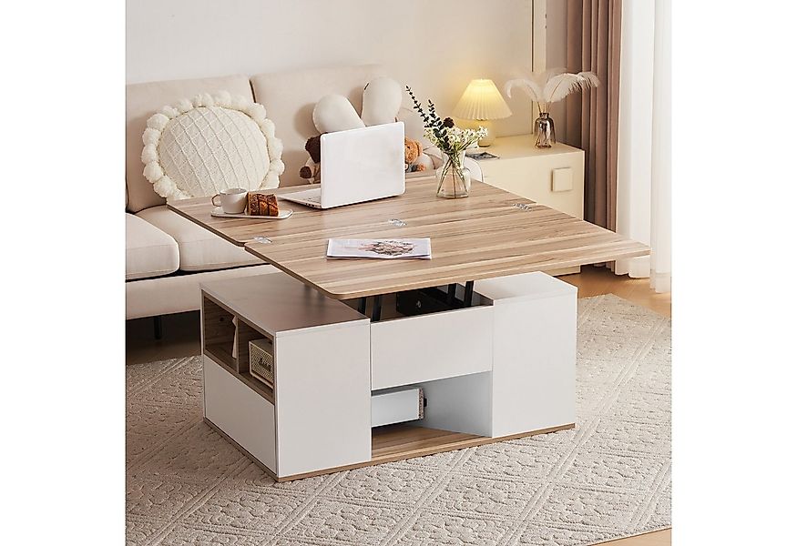 KLAM HOME Couchtisch Höhenverstellbarer 2-in-1 Couchtisch, Weiß/Holz mit 2 günstig online kaufen