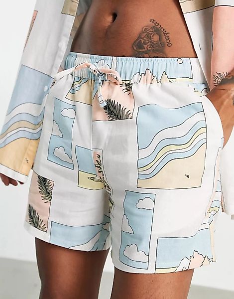 ASOS DESIGN – Schmal geschnittene Shorts aus Leinenmischgewebe mit Postkart günstig online kaufen