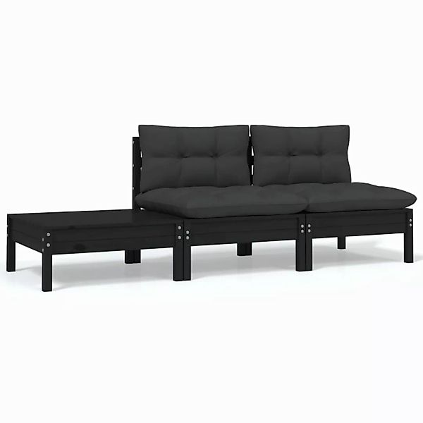 3-tlg. Garten-lounge-set Mit Kissen Schwarz Kiefer Massivholz günstig online kaufen