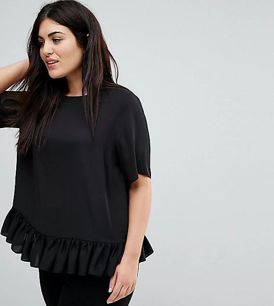 ASOS DESIGN Curve – Gewebtes T-Shirt mit Rüschensaum-Schwarz günstig online kaufen
