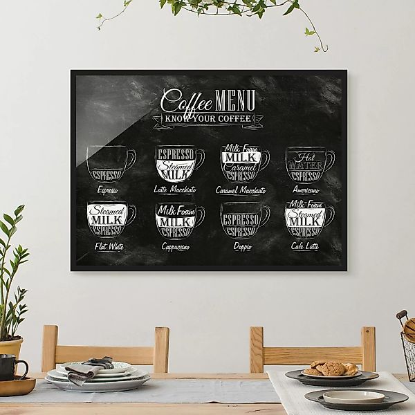 Bild mit Rahmen Schwarz-Weiß - Querformat Kaffeesorten Kreidetafel günstig online kaufen