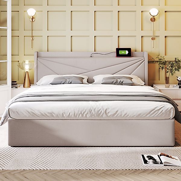 Doppelbett, mit Stauraum 180x200, USB-Typ-C-Ladefunktion und Bettgestell au günstig online kaufen