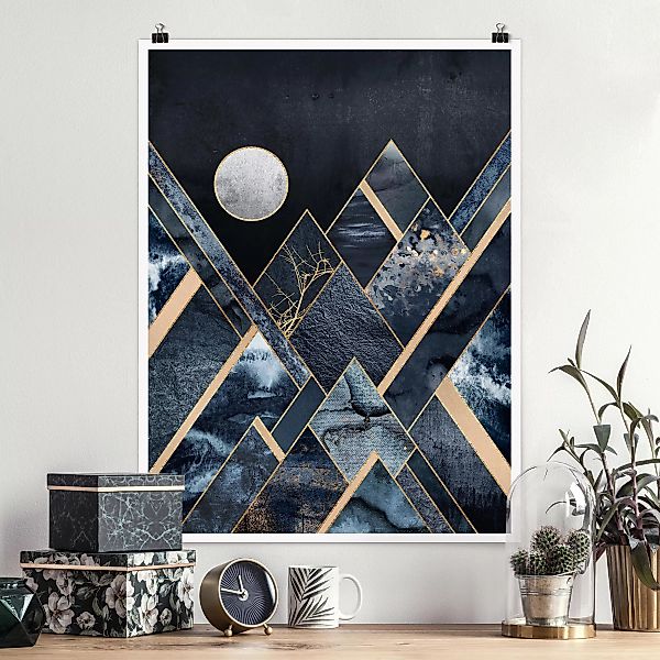 Poster Kunstdruck - Hochformat Goldener Mond abstrakte schwarze Berge günstig online kaufen
