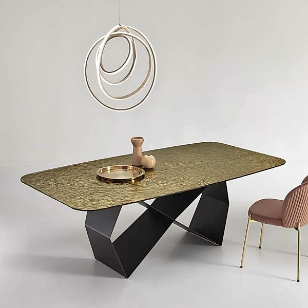 Moderner Esszimmer Tisch mit Strukturglasplatte Wangen Gestell günstig online kaufen