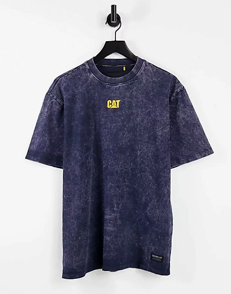Caterpillar – Ausgebleichtes Denim-T-Shirt in Blau mit Logo günstig online kaufen