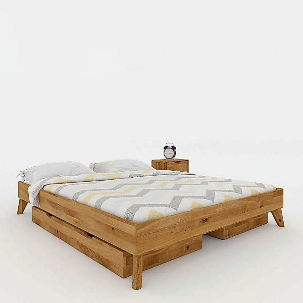 Schubladen Bett aus Wildeiche Massivholz Kopfteil günstig online kaufen