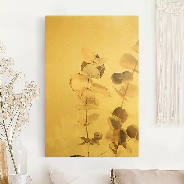 Leinwandbild Gold Goldene Eukalyptuszweige mit Weiß II günstig online kaufen