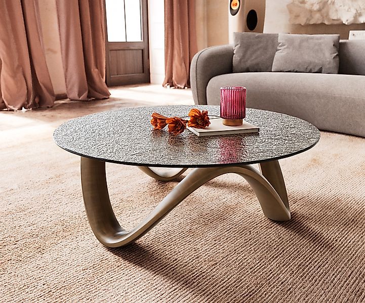 Couchtisch Tanju 90x90 cm Metallic Gold mit Reliefglas Taupe günstig online kaufen