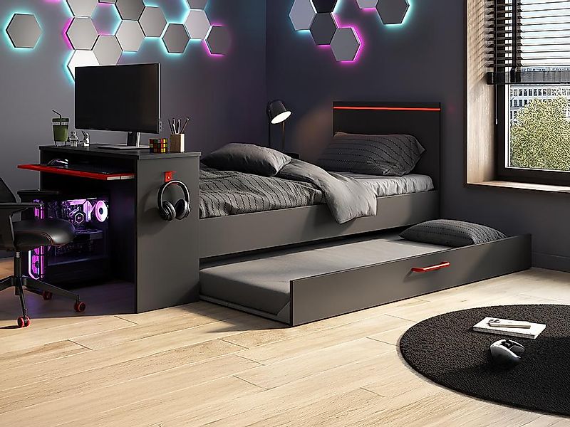 Ausziehbett Gamer mit Schreibtisch & LEDs + Lattenrost  - 2 x 90 x 200 cm - günstig online kaufen