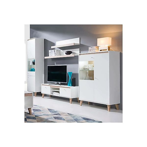 Wohnzimmer Wohnwand Set mit LED Beleuchtung ORTONA-132 in weiß mit San Remo günstig online kaufen