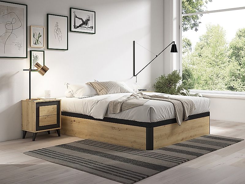 Bettgestell mit Bettkasten - 140 x 190 cm - Holzfarben hell & Schwarz - NAM günstig online kaufen