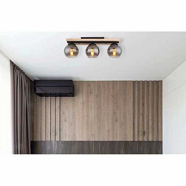 Deckenlampe Conni, Länge 60 cm, rauchgrau, Holz/Glas, 3-flg. günstig online kaufen