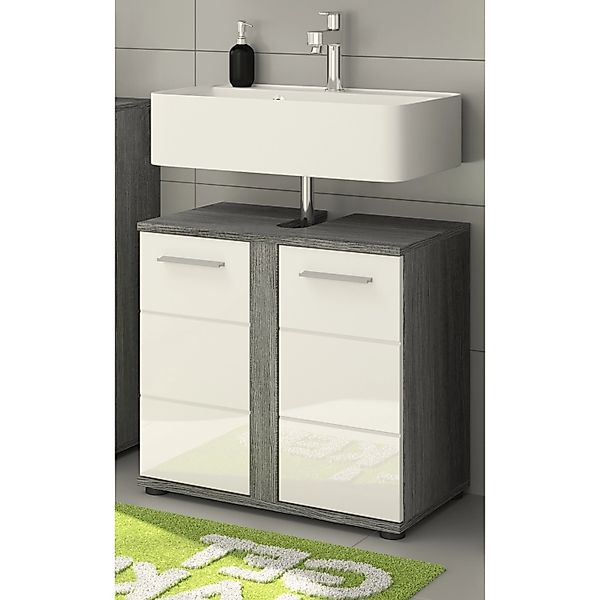 Inn.Furn Waschbeckenunterschrank Weiß Hochglanz Grau 60 cm 2-türig Bailey günstig online kaufen
