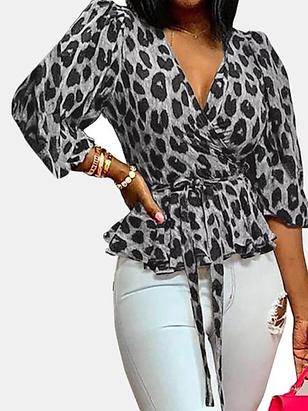Kurzes Leopardenhemd mit V-Ausschnitt und Kreuzriemen für Damen günstig online kaufen