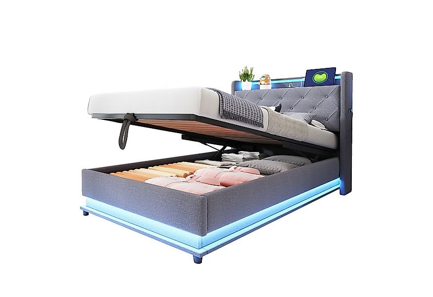 REDOM Polsterbett LED Doppelbett mit USB-Ladeanschluss und Hydraulischer La günstig online kaufen