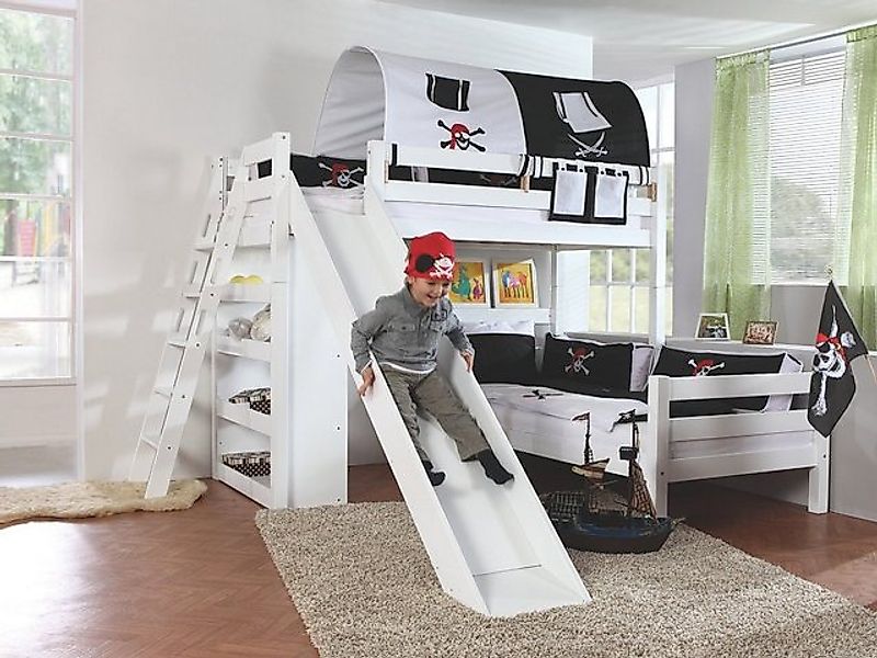 Natur24 Kinderbett Etagenbett Sky Buche massiv Weiß lackiert mit Tunnel Bet günstig online kaufen