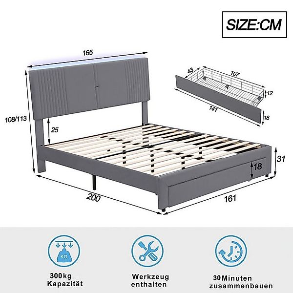 HAUSS SPOLE Polsterbett 160x200cm mit Lichtleiste, USB-Buchse und 1 Schubla günstig online kaufen