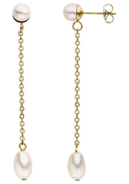 JOBO Perlenohrringe lang mit Kette, Edelstahl goldfarben mit 4 Perlen günstig online kaufen