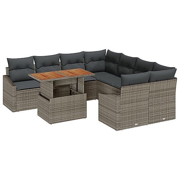 vidaXL Loungesofa 9-teiliges Garten Essset mit Kissen in Grau Poly Rattan, günstig online kaufen