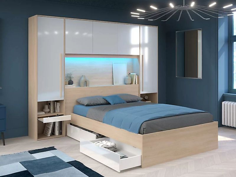 Bett mit Stauraum + Lattenrost + Matratze - 140 x 190 cm - Mit LED-Beleucht günstig online kaufen