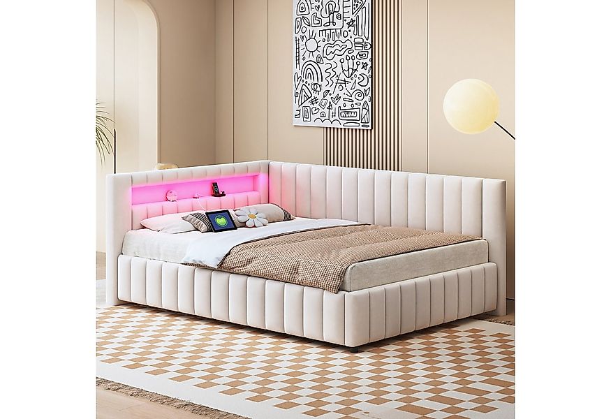 MODFU Polsterbett Kinderbett (140x200 cm mit LED-Lichtstreifen, USB-Ladeans günstig online kaufen