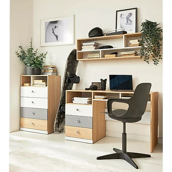 Jugendzimmer Schreibtisch Set in Eiche mit weiß und grau PINETO-133, 3-teil günstig online kaufen