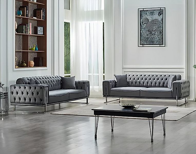 JVmoebel Sofa Luxus 2x Sofa Dreisitzer Couchen Chesterfield Grau Polstermöb günstig online kaufen
