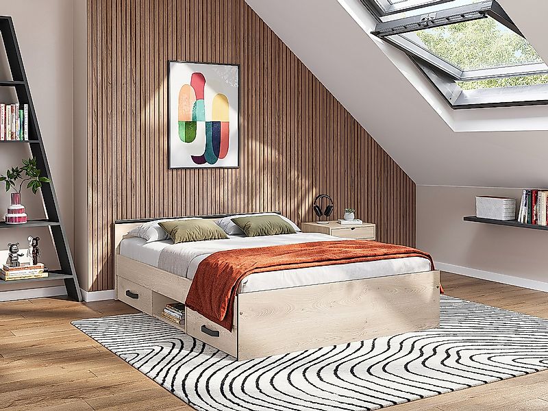 Bett mit 2 Schubladen & 1 Ablage + Lattenrost - 140 x 190 cm - Naturfarben günstig online kaufen