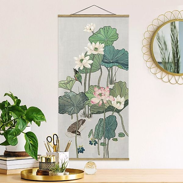Stoffbild Blumen mit Posterleisten - Hochformat Vintage Illustration Lotusb günstig online kaufen
