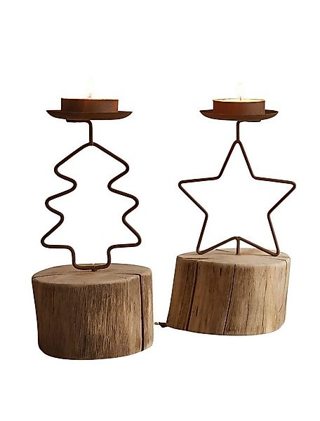 Dekoleidenschaft Teelichthalter "Tanne & Stern" aus Metall & Holz im Shabby günstig online kaufen