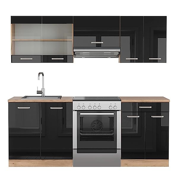 Vicco R-Line Küchenzeile Schwarz Hochglanz/Goldkraft Eiche 200 cm AP Eiche günstig online kaufen