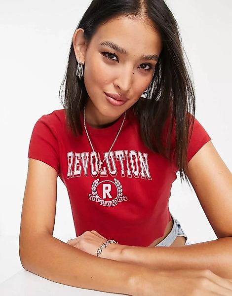 Topshop – Revolution – T-Shirt im College-Stil in Rot günstig online kaufen